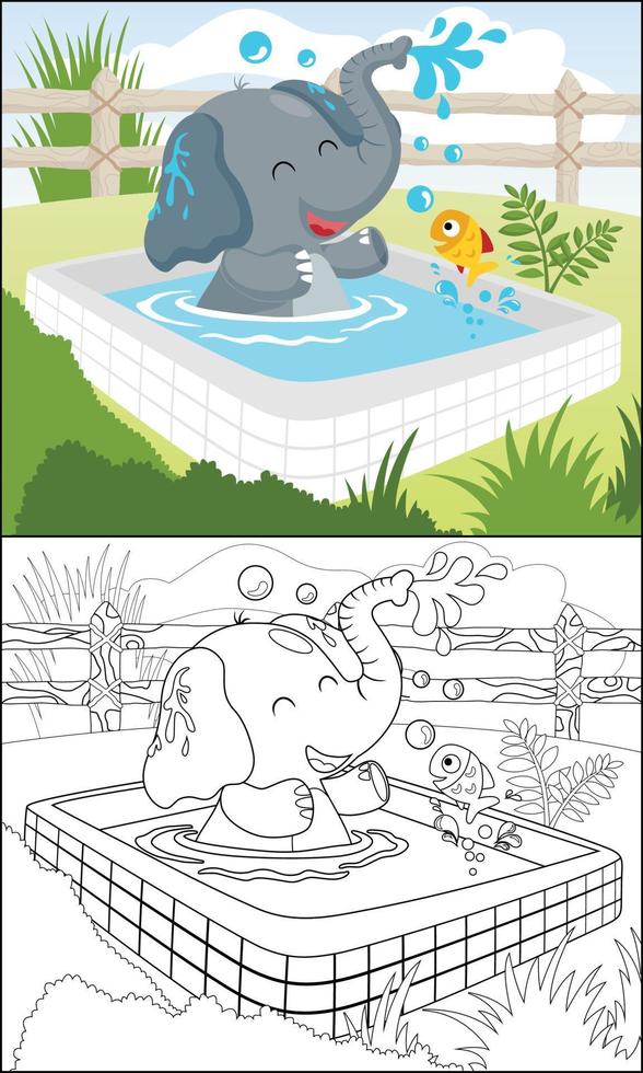 gracioso elefante dibujos animados con un pequeño pescado en nadando piscina, colorante libro o página vector