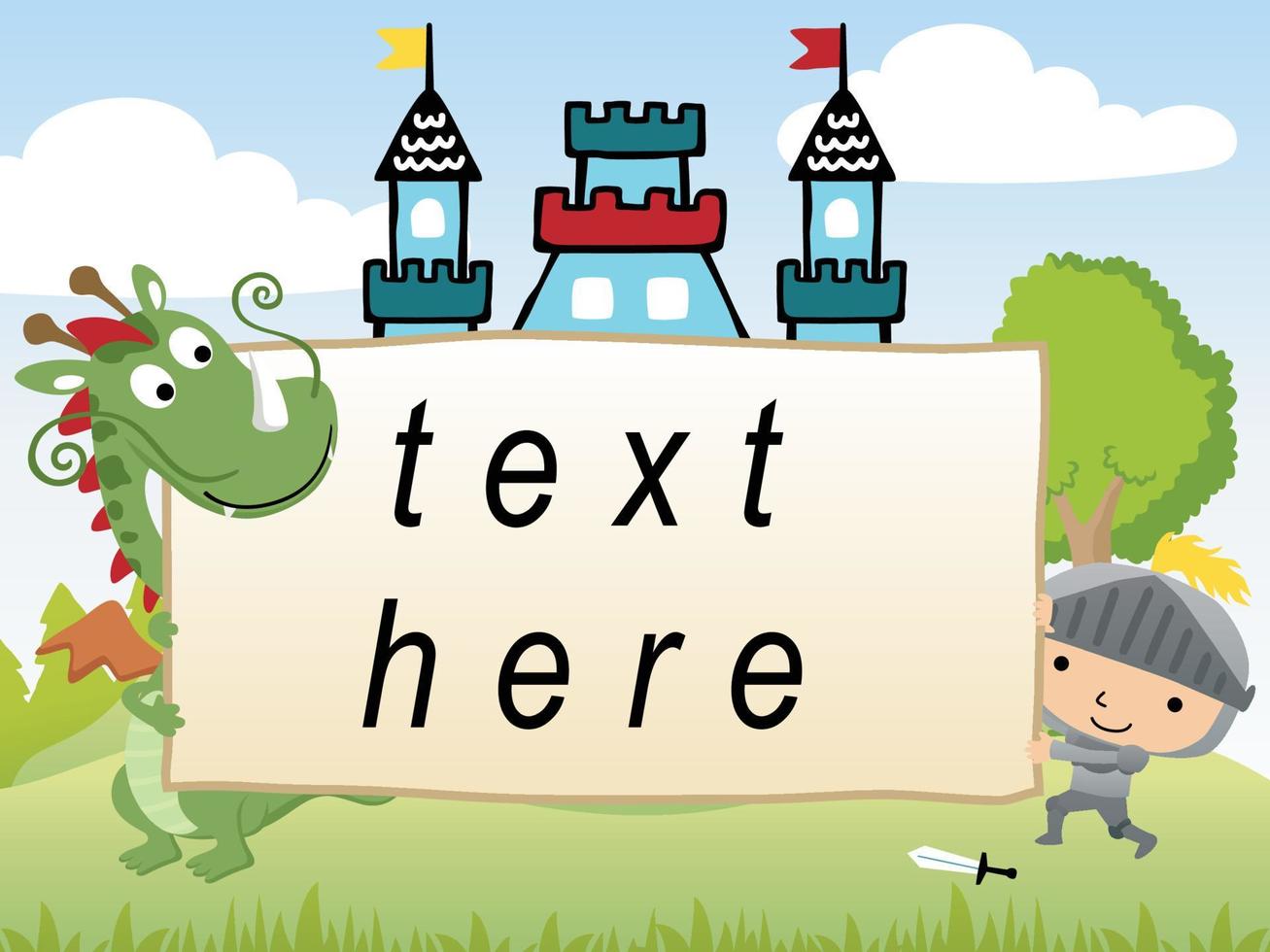Vector cartoon of funny dragon with little knight holding a banner, fairytale elements cartoon