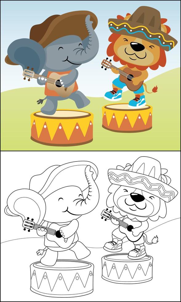 Cartoon elephant with lion playing guitar in Mexican sombrero hats, coloring book or page vector
