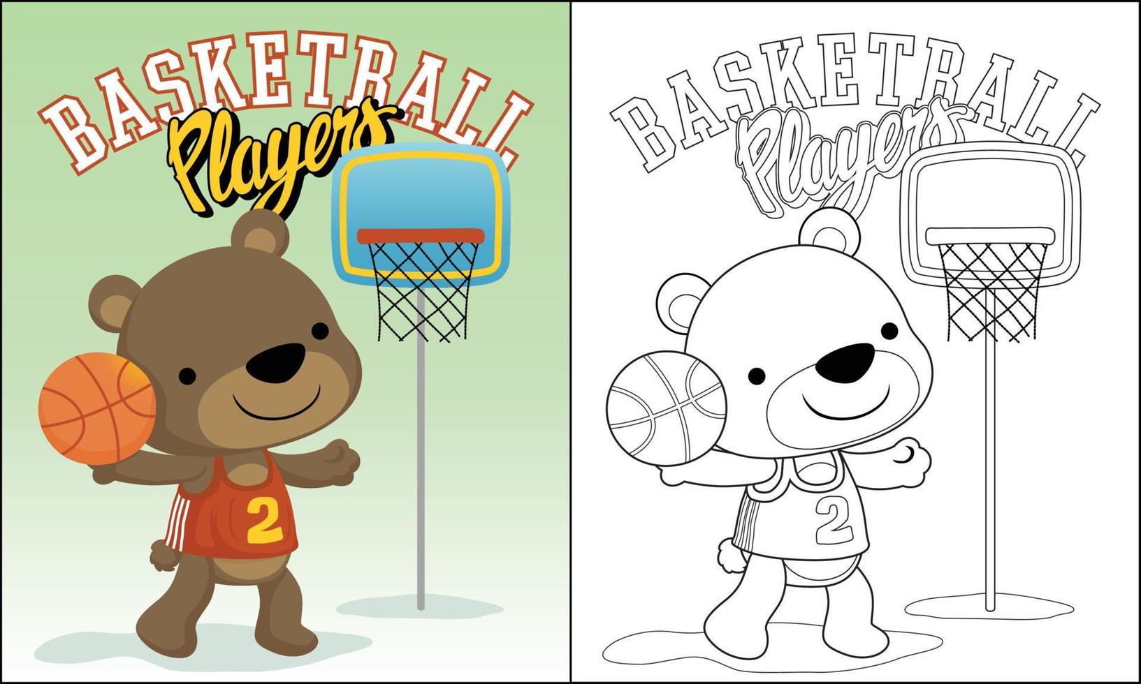 Coloring book of funny little bear cartoon playing basketball vector