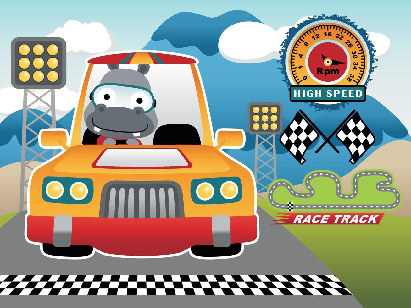 Funny hippo cartoon driving racing car on mountain background, car racing elements vector