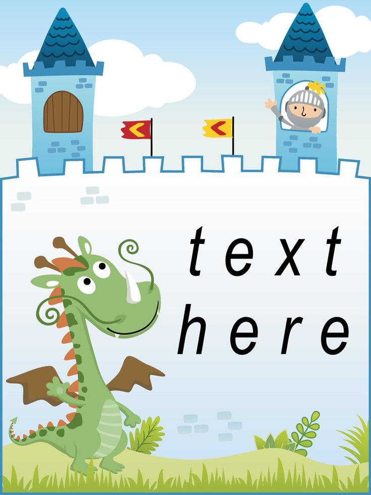 Vector cartoon of funny dragon with knight in castle, text template with fairytale elements illustration