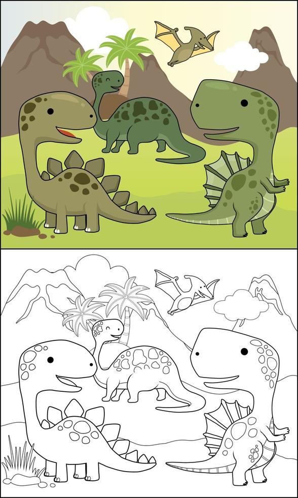 grupo de dinosaurios dibujos animados en volcanes fondo, colorante libro o página vector