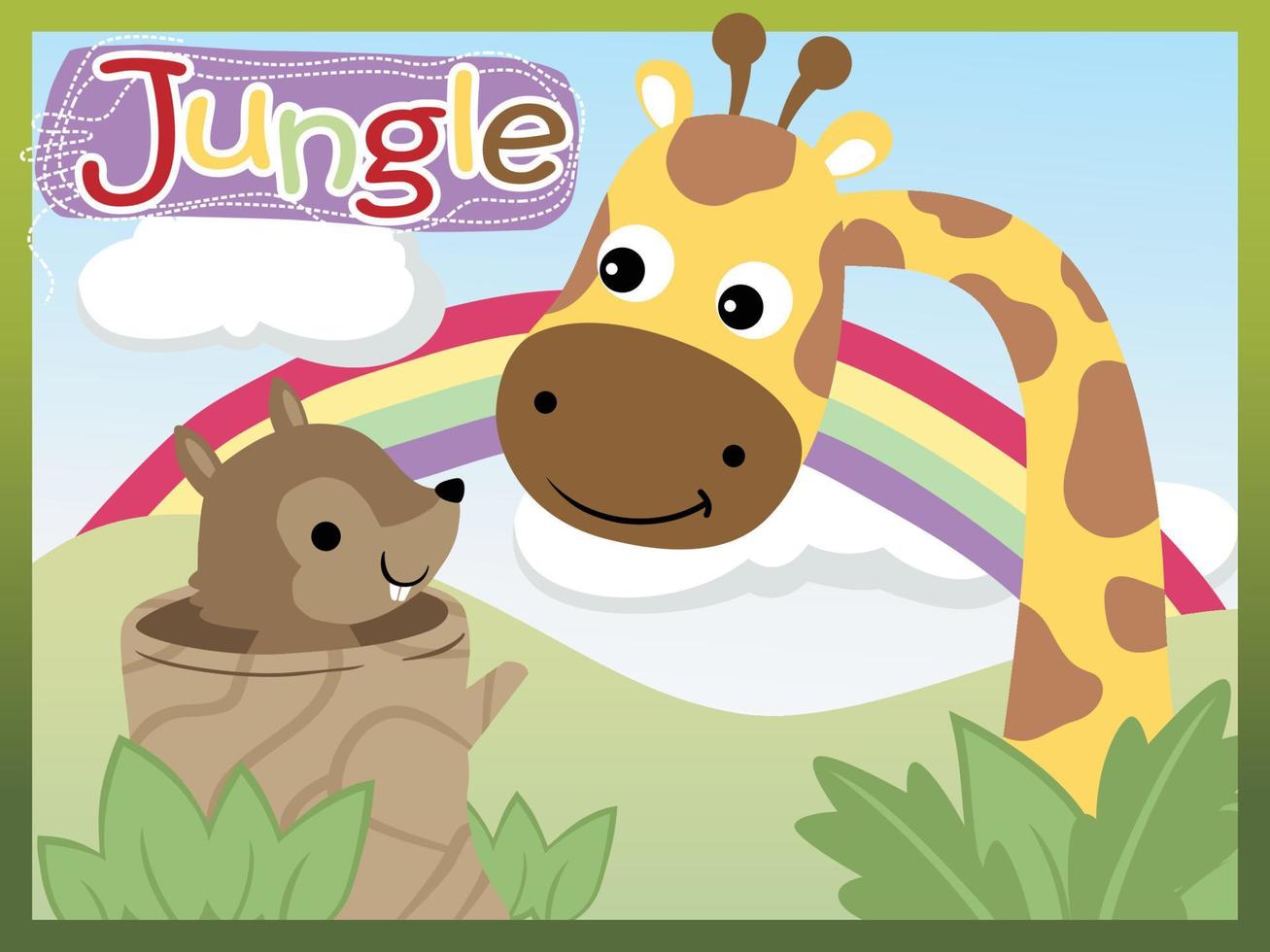 Vector cartoon of funny giraffe with squirrel on rainbow background