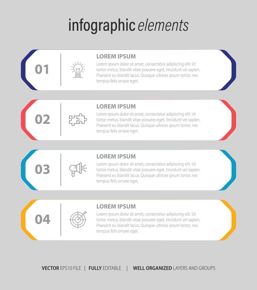 Four numbered rectangular frames placed in horizontal row. Concept of 4 stages of marketing strategy. Modern flat infographic design template. Simple vector illustration for business presentation