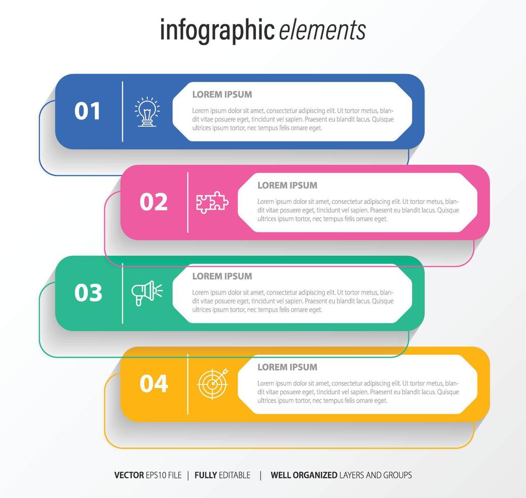 Four numbered rectangular frames placed in horizontal row. Concept of 4 stages of marketing strategy. Modern flat infographic design template. Simple vector illustration for business presentation