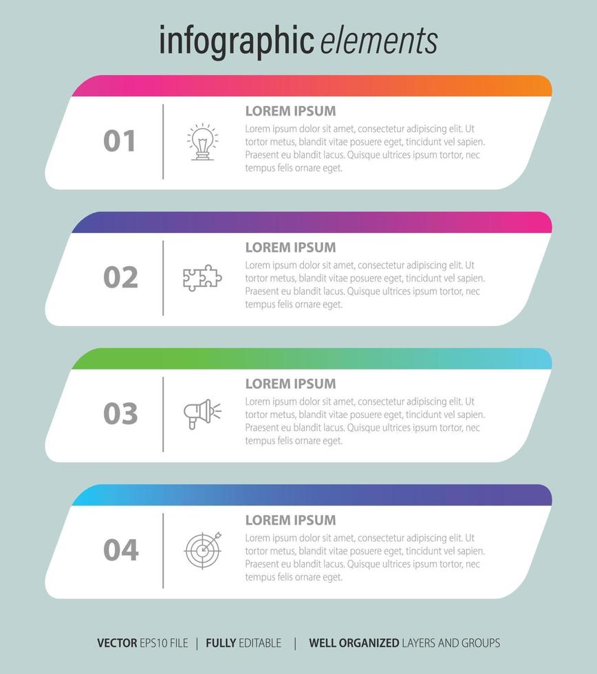 Four numbered rectangular frames placed in horizontal row. Concept of 4 stages of marketing strategy. Modern flat infographic design template. Simple vector illustration for business presentation