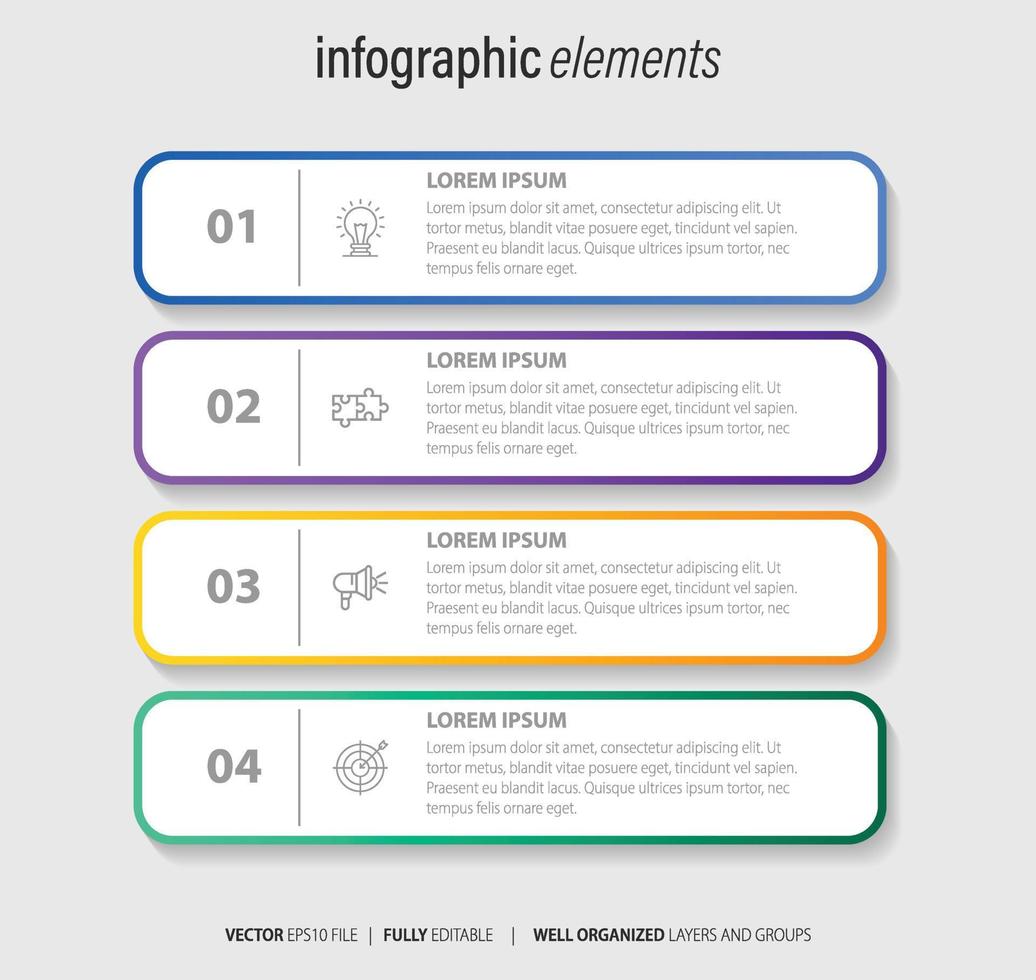 Four numbered rectangular frames placed in horizontal row. Concept of 4 stages of marketing strategy. Modern flat infographic design template. Simple vector illustration for business presentation