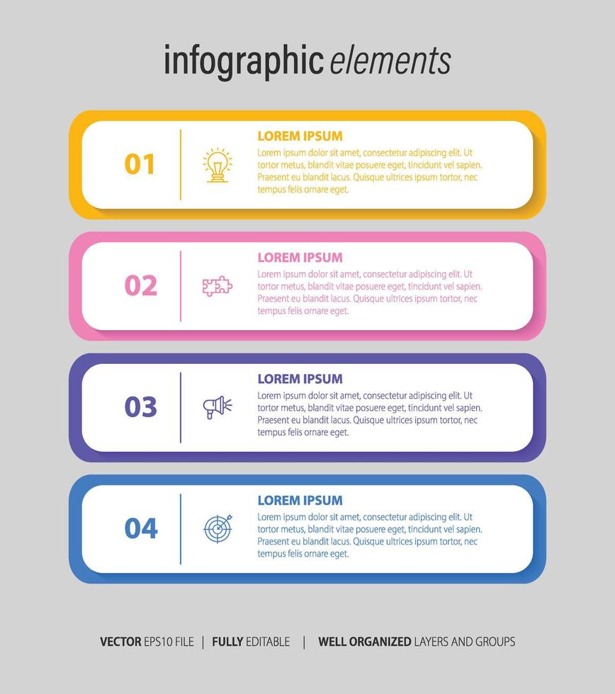 El vector de diseño de infografías y los iconos de marketing se pueden utilizar para el diseño de flujo de trabajo, diagrama, informe anual, diseño web. concepto de negocio con 4 opciones, pasos o procesos.