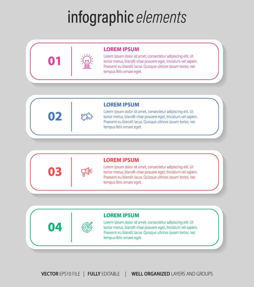 Four numbered rectangular frames placed in horizontal row. Concept of 4 stages of marketing strategy. Modern flat infographic design template. Simple vector illustration for business presentation