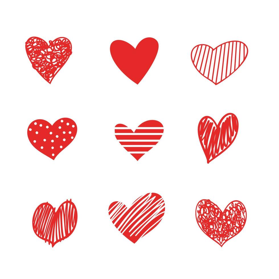 Doodle hearts sketch set. Various different hand drawn love heart icon love collection isolated on white background. Red heart symbol for Marriage and Valentines Day. vector