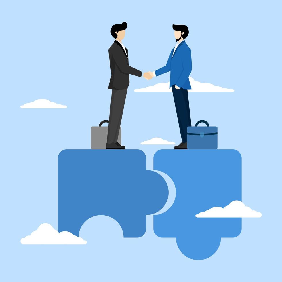 the concept of togetherness or teamwork that supports each other. Successful businessman completing deal and handshake on jigsaw puzzle. cooperation and agreement to help the success of the business. vector