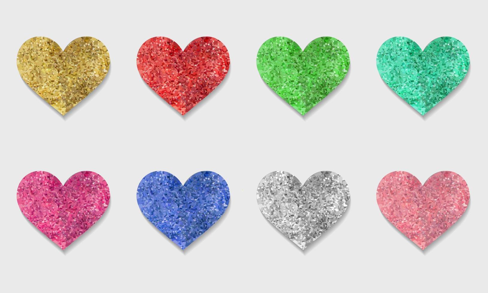Decorative glitter shiny hearts set. Rose, gold, pink, golden, blue, silver, red, mint glossy sparkles shape. Vector illustration for web, banner, sticker, wedding, Valentines greeting card