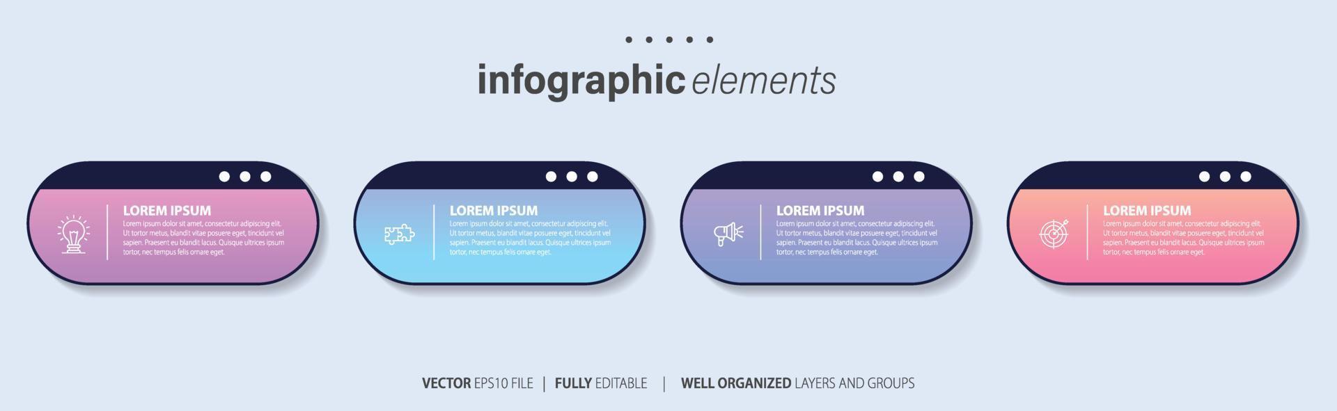 Concept of business model with 4 successive steps. Four colorful graphic elements. Timeline design for brochure, presentation. Infographic design layout vector