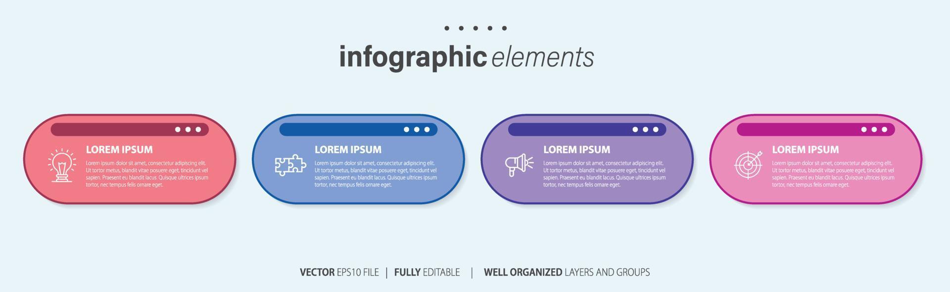 plantilla de diseño infográfico. concepto de línea de tiempo con 4 pasos. se puede utilizar para diseño de flujo de trabajo, diagrama, banner, diseño web. ilustración vectorial vector