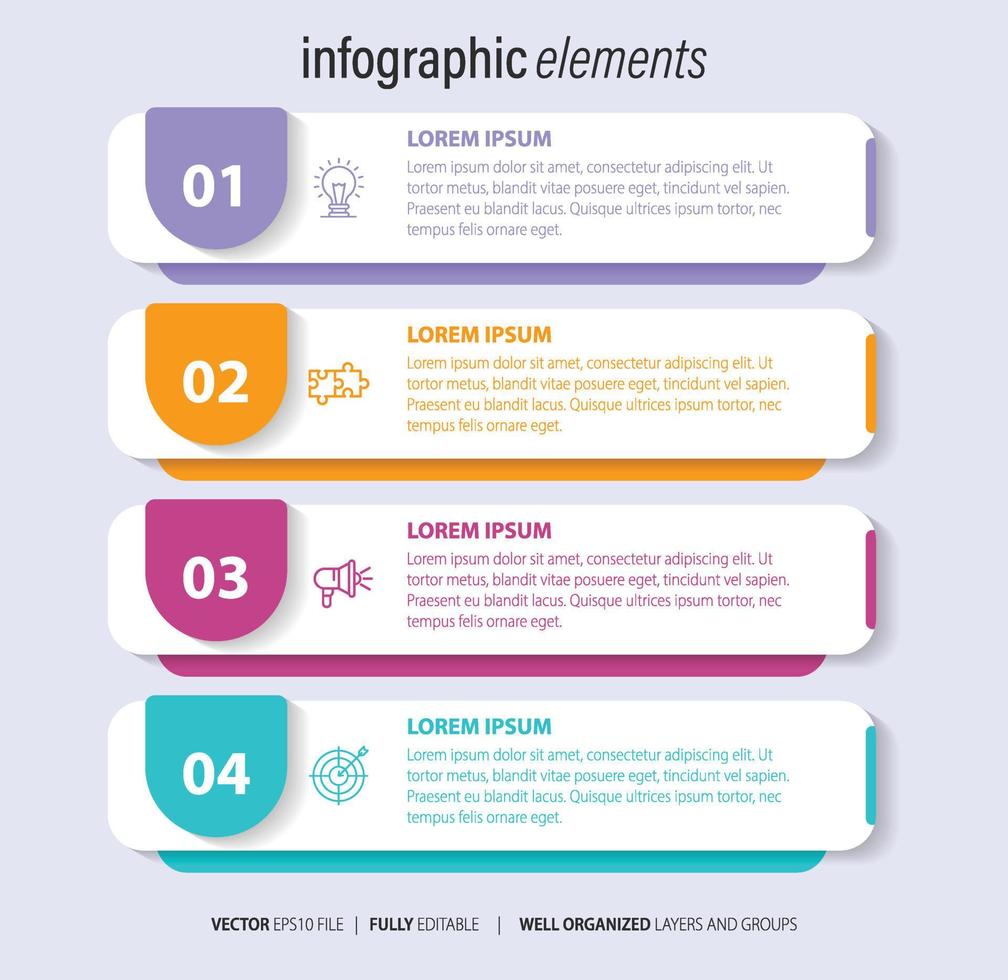 El vector de diseño de infografías y los iconos de marketing se pueden utilizar para el diseño de flujo de trabajo, diagrama, informe anual, diseño web. concepto de negocio con 4 opciones, pasos o procesos.