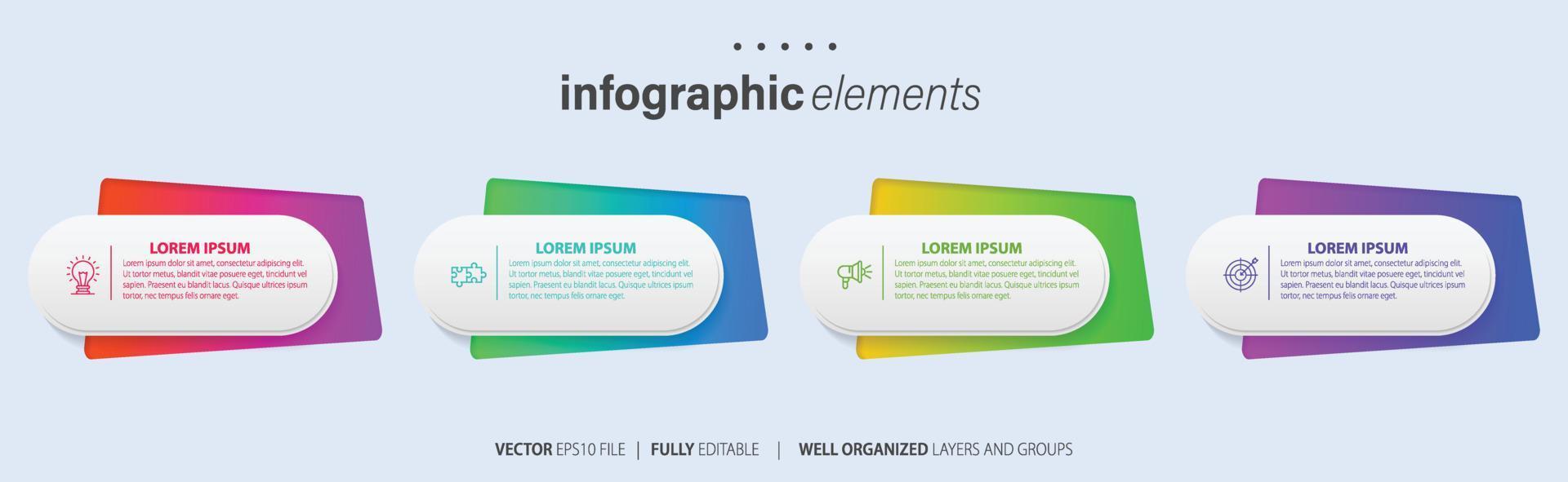 Concept of business model with 4 successive steps. Four colorful graphic elements. Timeline design for brochure, presentation. Infographic design layout vector