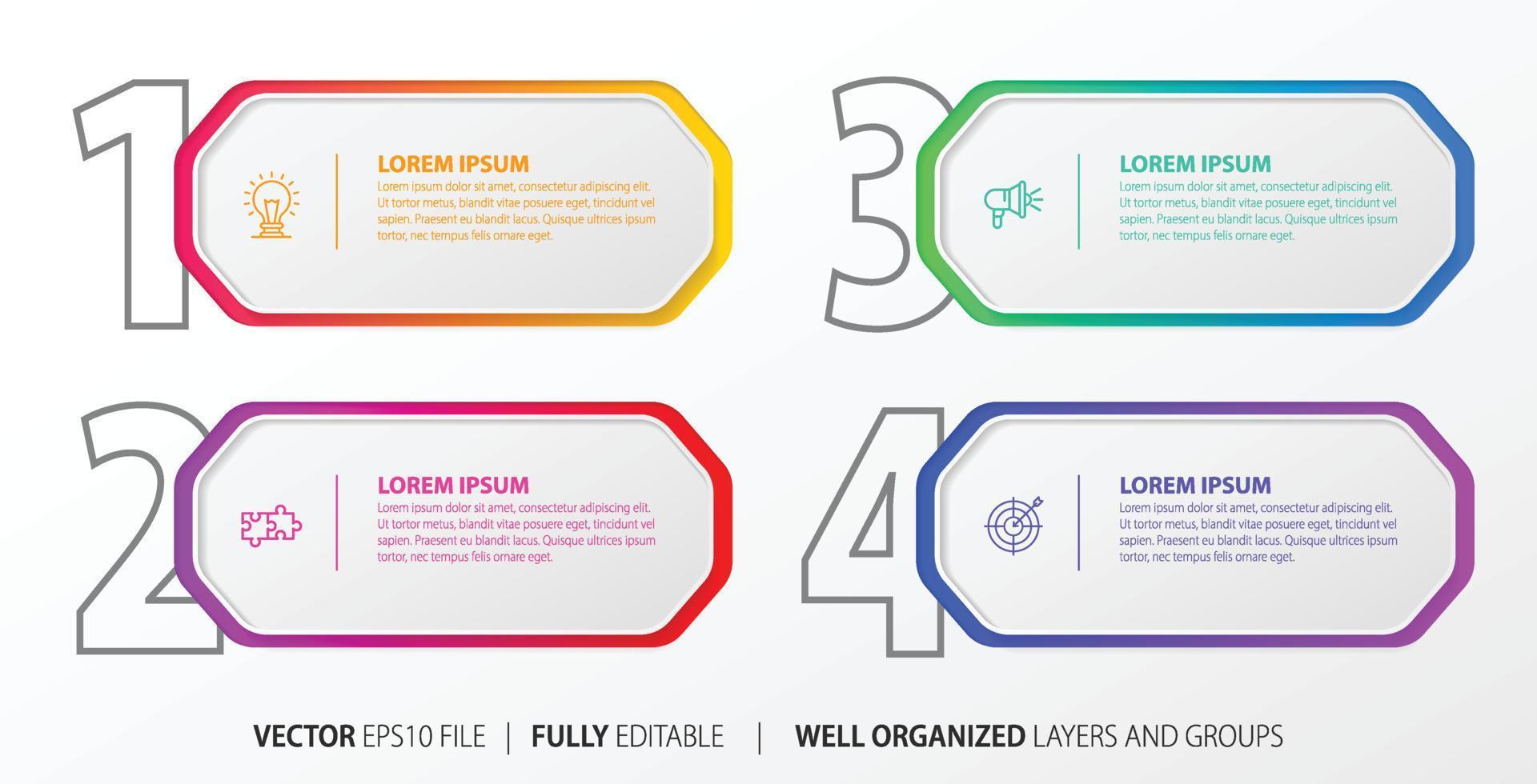 Four numbered rectangular frames placed in horizontal row. Concept of 4