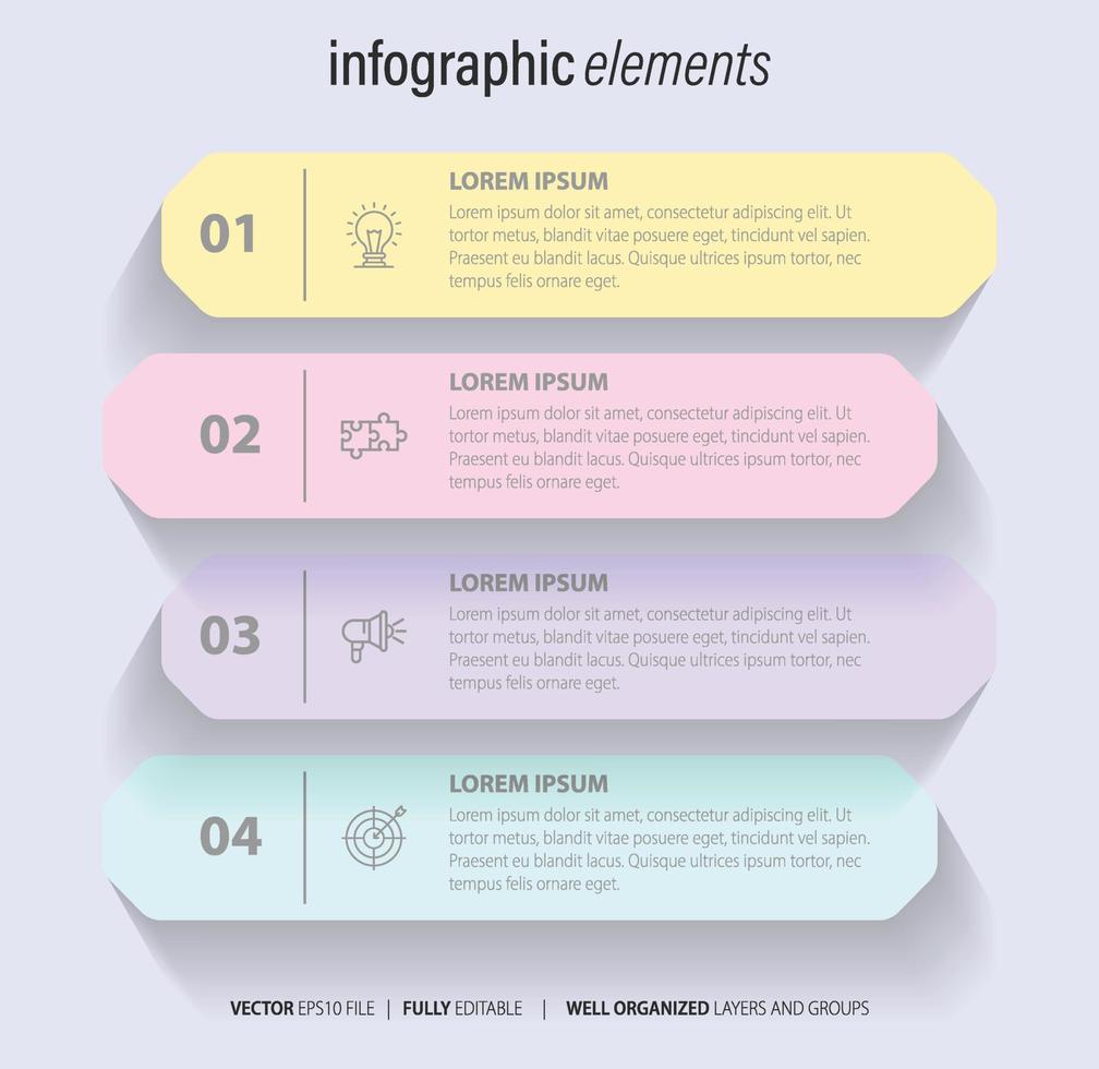 El vector de diseño de infografías y los iconos de marketing se pueden utilizar para el diseño de flujo de trabajo, diagrama, informe anual, diseño web. concepto de negocio con 4 opciones, pasos o procesos.