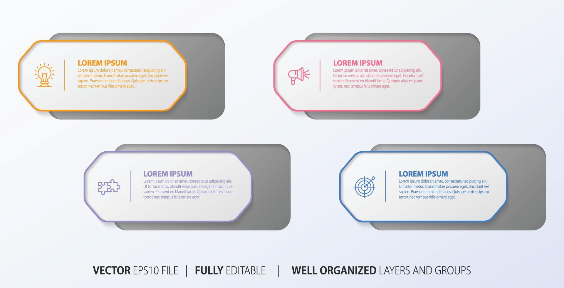 Four numbered rectangular frames placed in horizontal row. Concept of 4