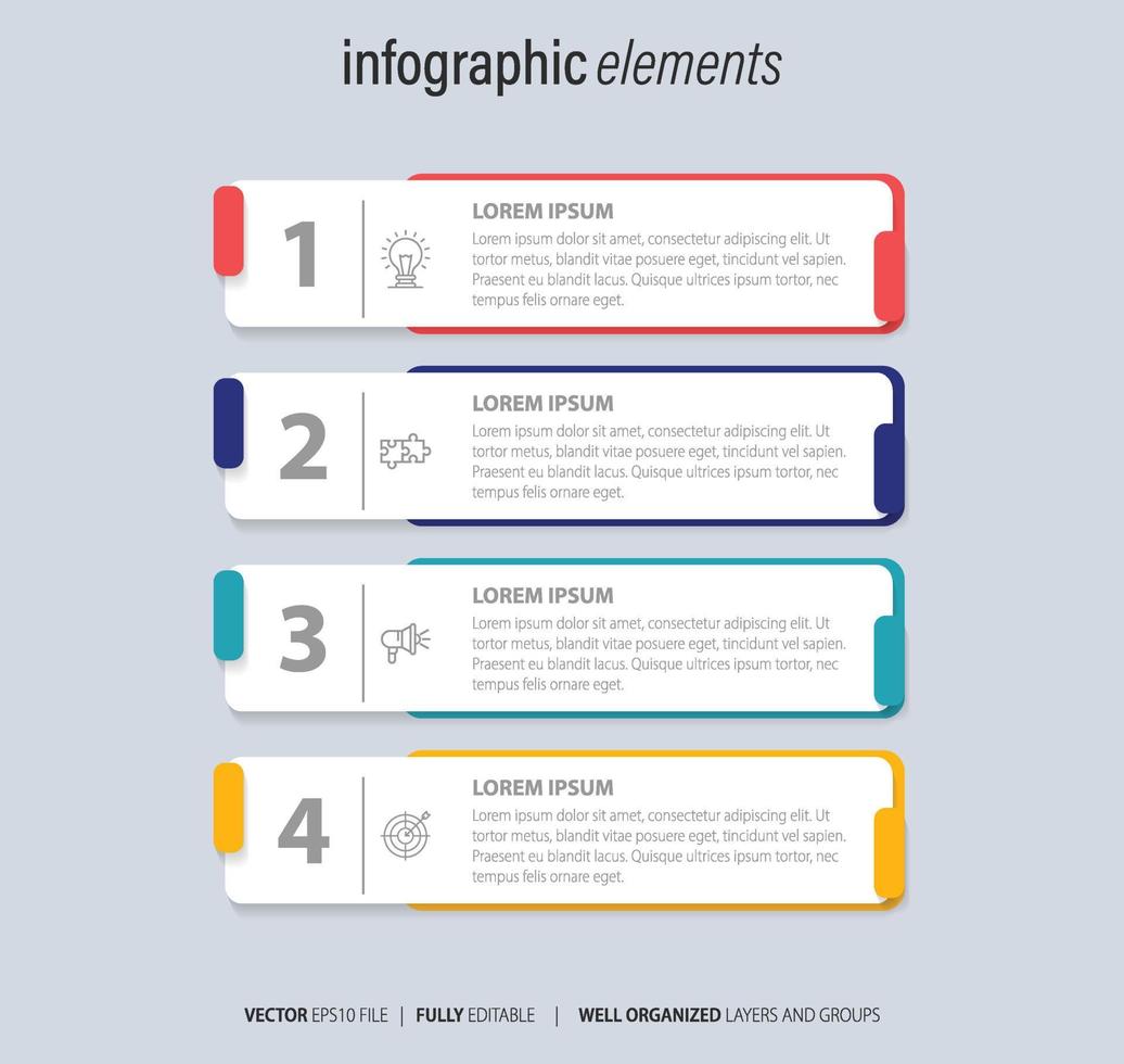 cuatro numerado rectangular marcos metido en horizontal fila. concepto de 4 4 etapas de márketing estrategia. moderno plano infografía diseño modelo. sencillo vector ilustración para negocio presentación