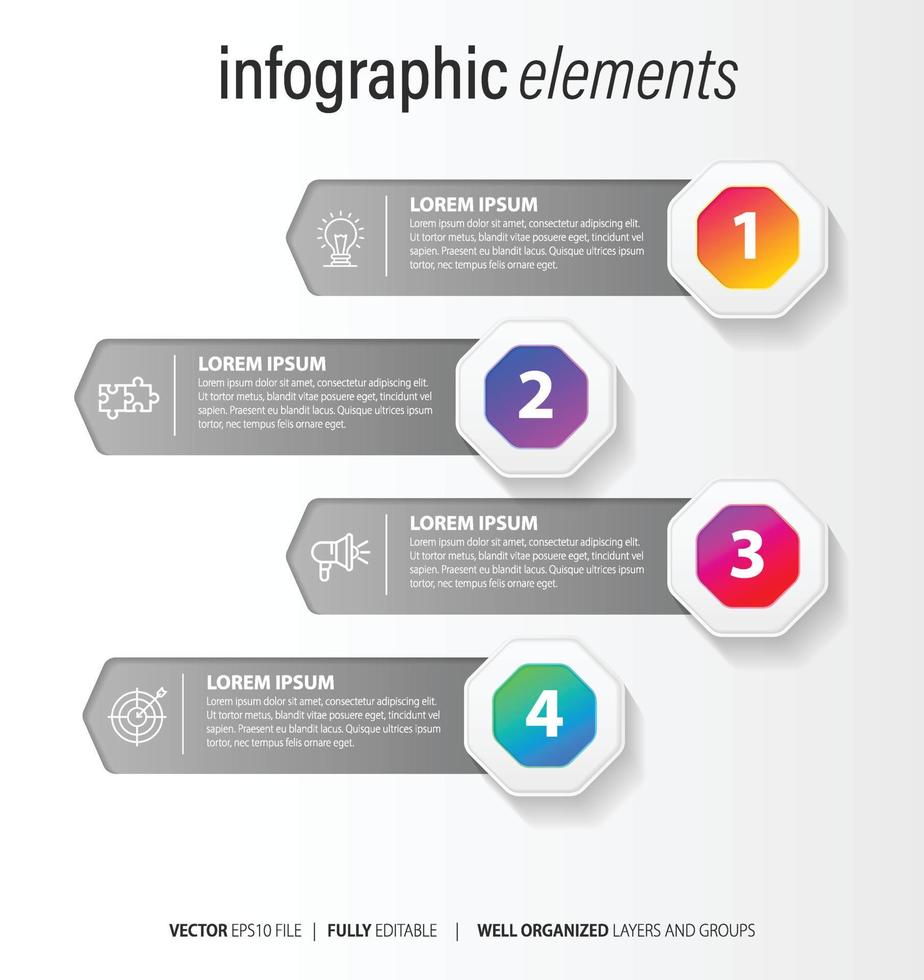 El vector de diseño de infografías y los iconos de marketing se pueden utilizar para el diseño de flujo de trabajo, diagrama, informe anual, diseño web. concepto de negocio con 4 opciones, pasos o procesos.