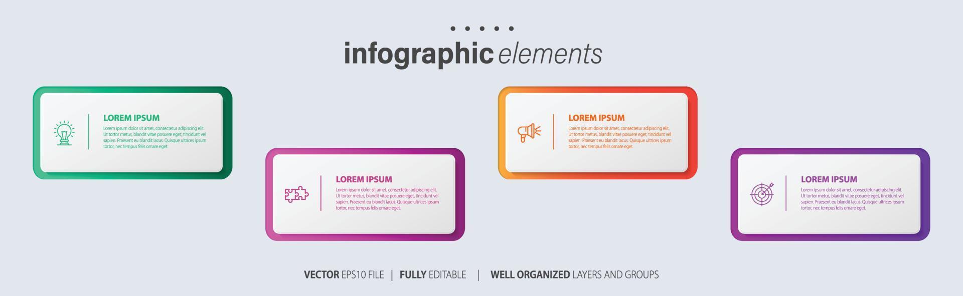 Concept of business model with 4 successive steps. Four colorful graphic elements. Timeline design for brochure, presentation. Infographic design layout vector