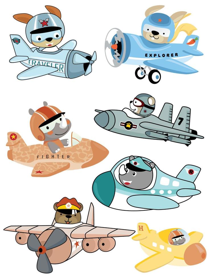 Vector set of airplanes cartoon with funny animals pilot