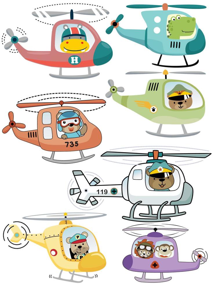 Vector set of helicopters cartoon with funny animals pilots