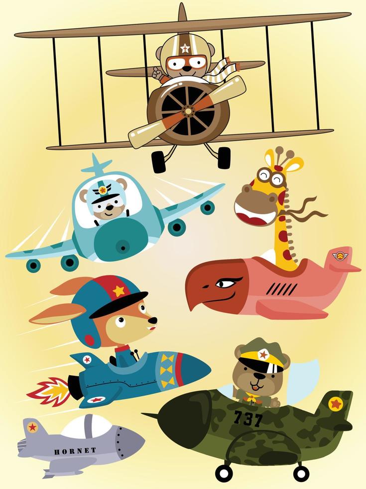 Vector set of airplanes cartoon with funny animals pilot