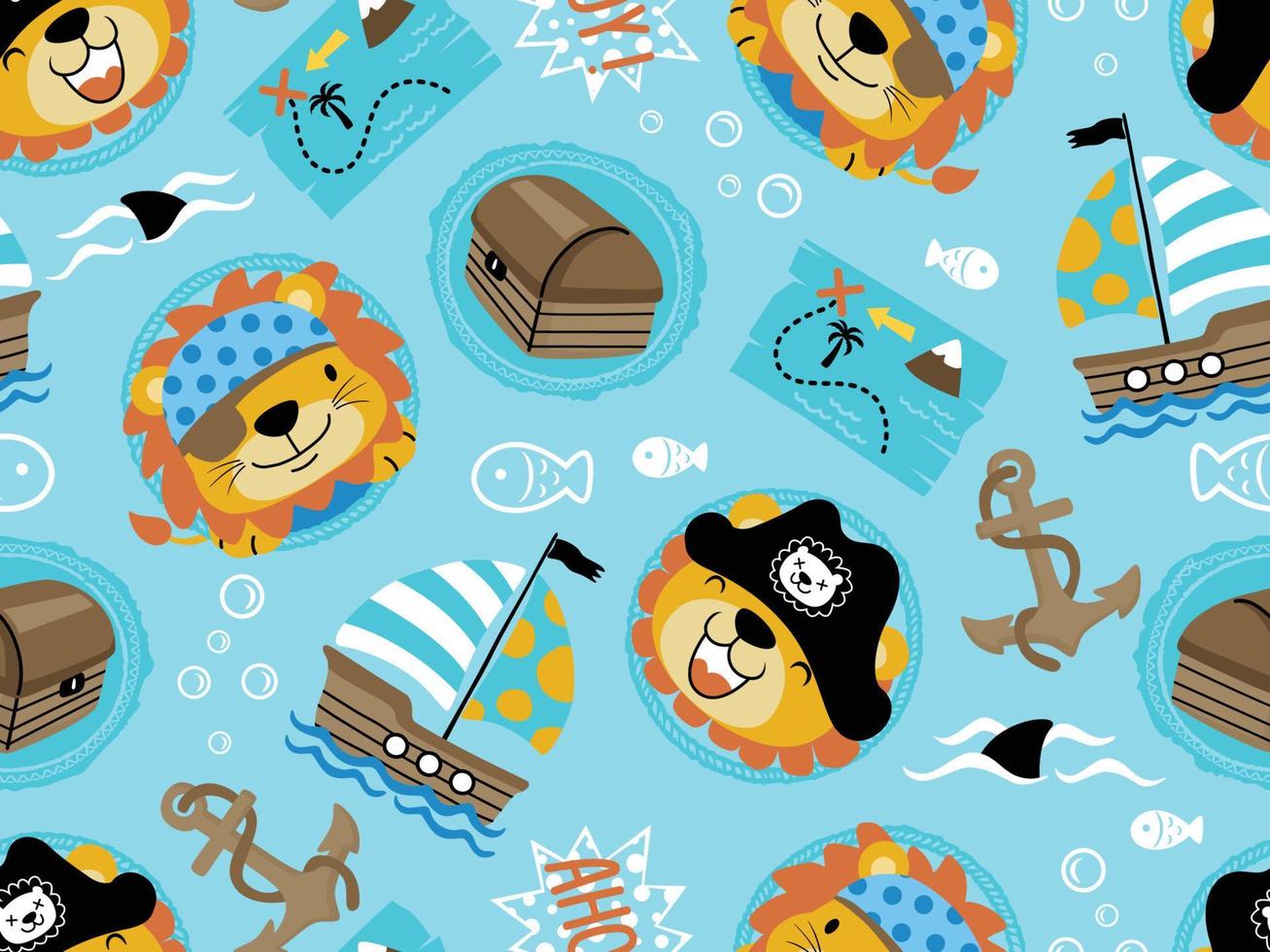 seamless pattern vector of cartoon funny lion in pirate cap, pirates element illustration