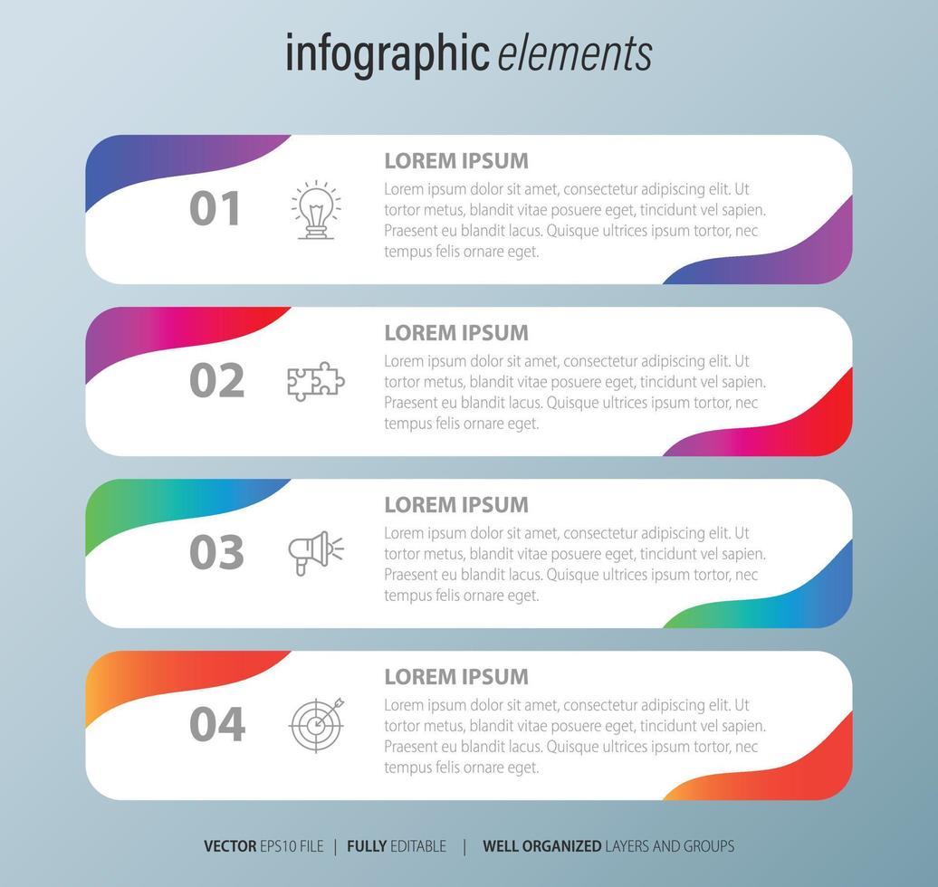 Four numbered rectangular frames placed in horizontal row. Concept of 4 stages of marketing strategy. Modern flat infographic design template. Simple vector illustration for business presentation