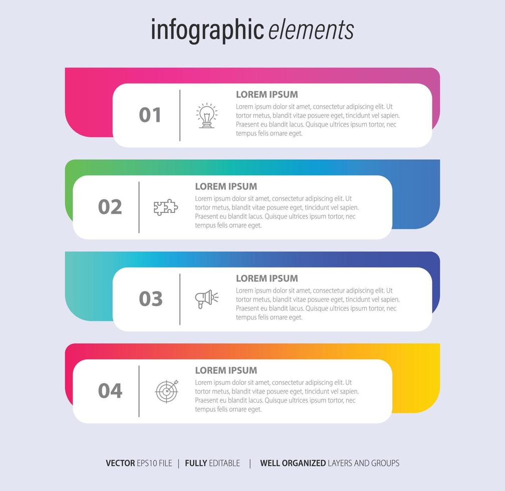 El vector de diseño de infografías y los iconos de marketing se pueden utilizar para el diseño de flujo de trabajo, diagrama, informe anual, diseño web. concepto de negocio con 4 opciones, pasos o procesos.