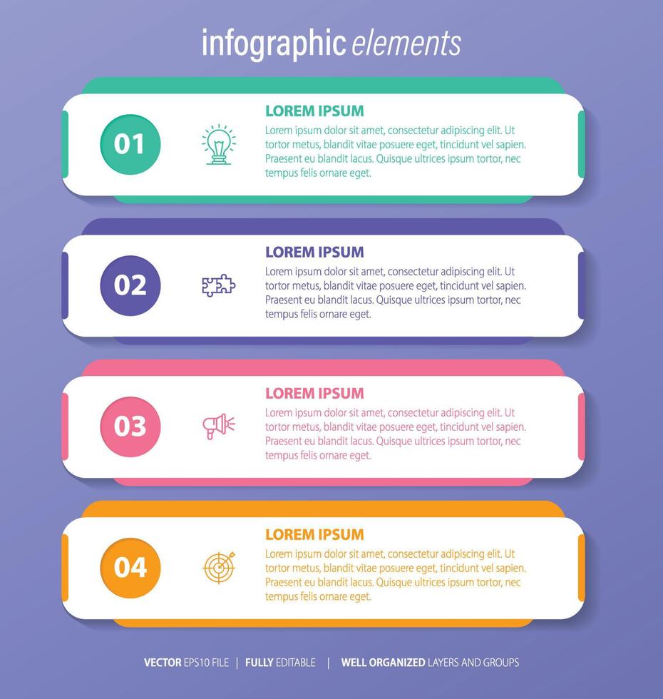 Four numbered rectangular frames placed in horizontal row. Concept of 4 stages of marketing strategy. Modern flat infographic design template. Simple vector illustration for business presentation