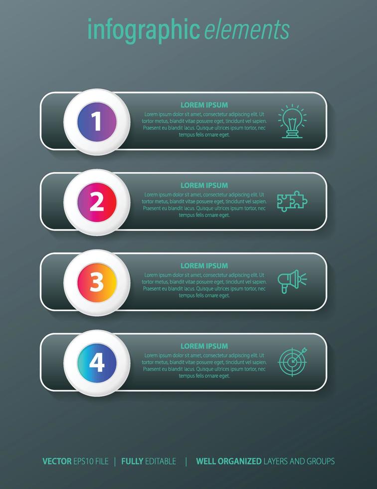 El vector de diseño de infografías y los iconos de marketing se pueden utilizar para el diseño de flujo de trabajo, diagrama, informe anual, diseño web. concepto de negocio con 4 opciones, pasos o procesos.