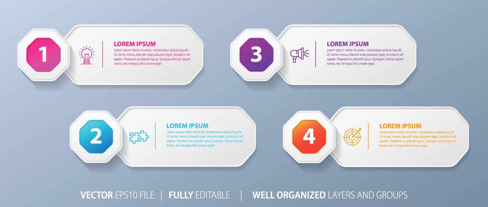 Four numbered rectangular frames placed in horizontal row. Concept of 4