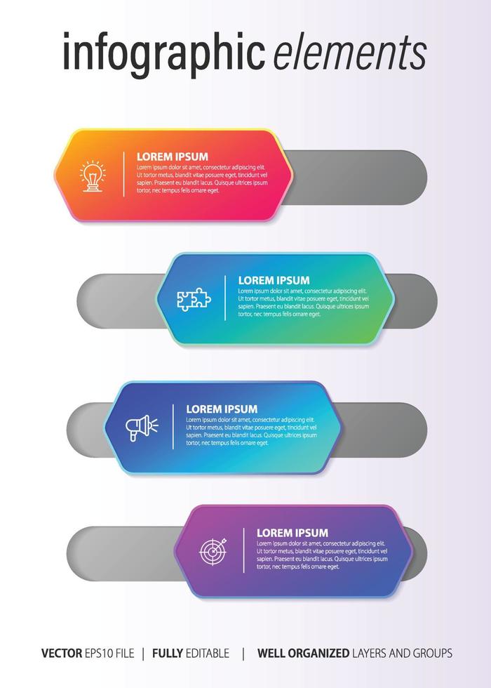 El vector de diseño de infografías y los iconos de marketing se pueden utilizar para el diseño de flujo de trabajo, diagrama, informe anual, diseño web. concepto de negocio con 4 opciones, pasos o procesos.