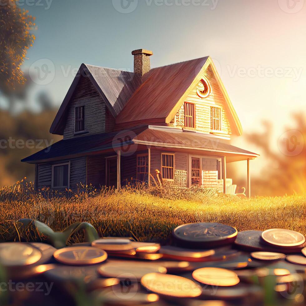 Mini house on a stack of coins. Concept of Investment property. Miniature house on stack coins using as property real estate and business financial concept. photo