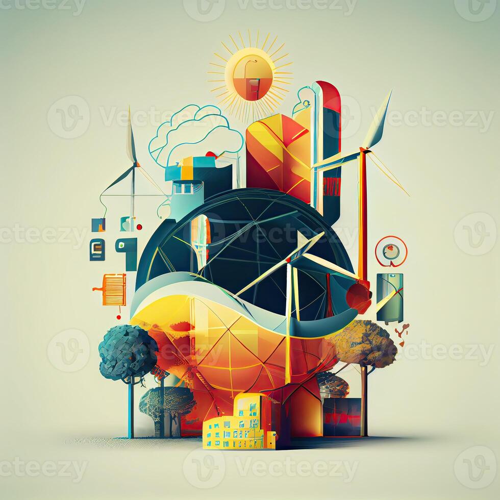 illustration Oil and Gas plant with shipping loading dock at twilight.Processing Oil Product Building of Chemical Petroleum Factory, Heavy Industrial Sector. photo