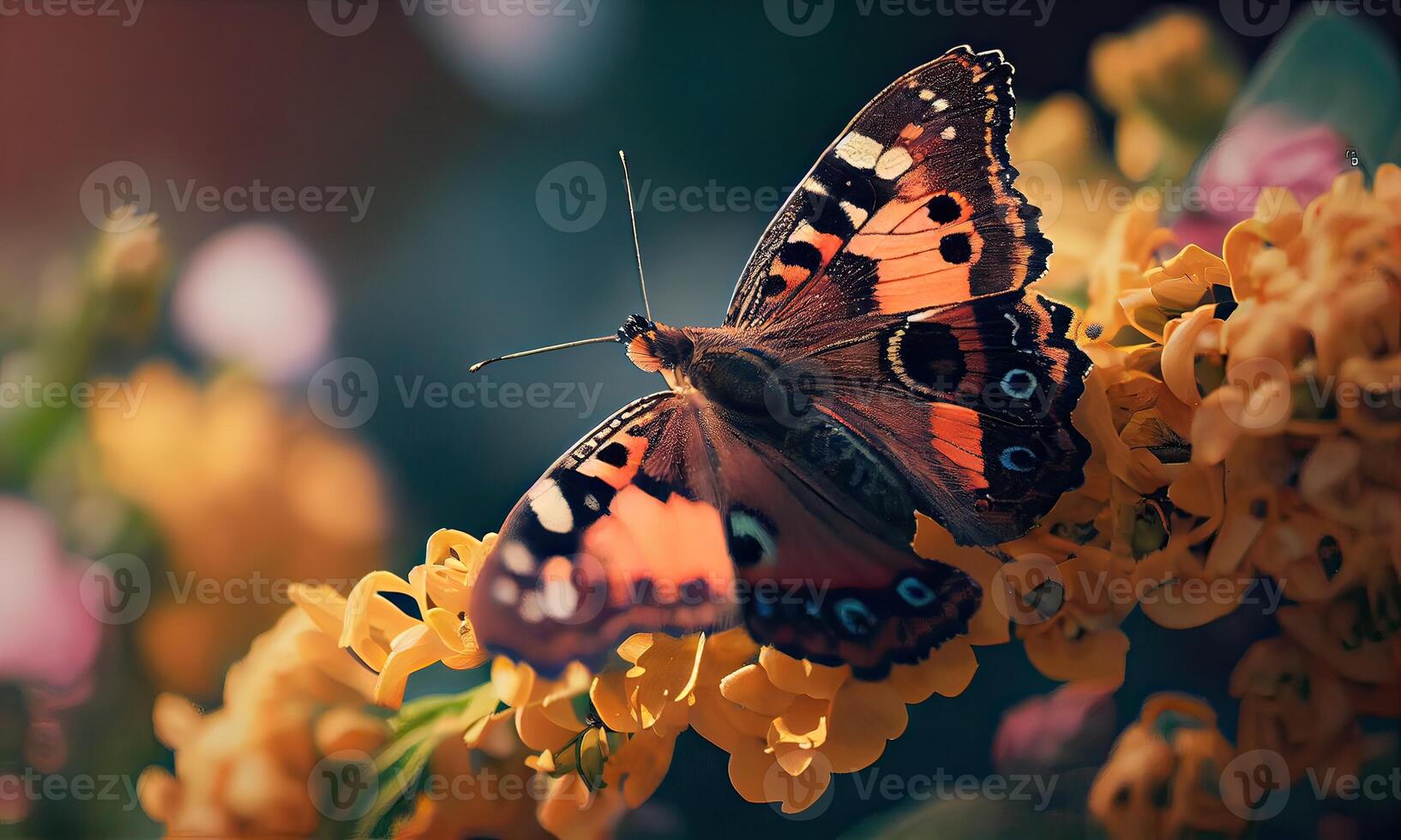 hermosa mariposa alimentación en un flor de cerca. macro mariposa. mariposa en un primavera flor entre el campo. generativo ai foto