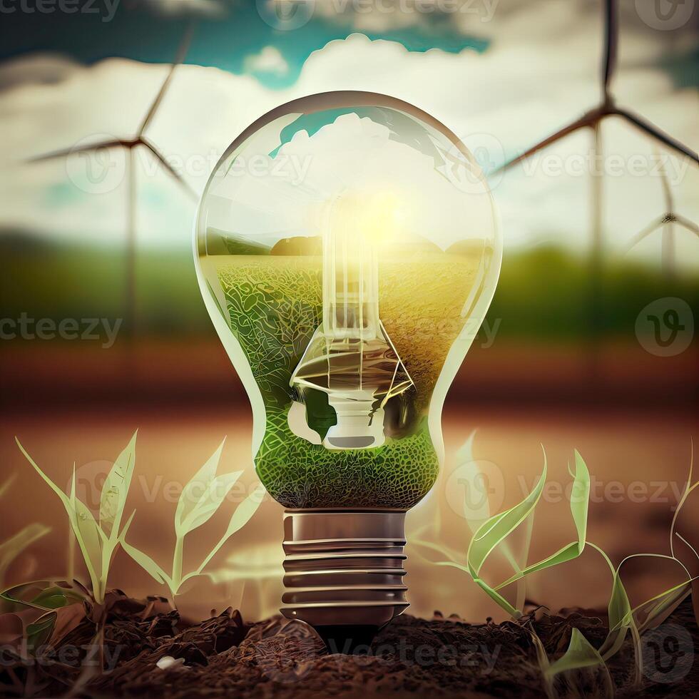 Environmental protection, renewable, sustainable energy sources. The green world map is on a light bulb that represents green energy Renewable energy that is important to the world. photo