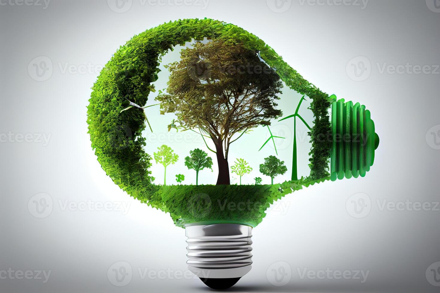 Environmental protection, renewable, sustainable energy sources. The green world map is on a light bulb that represents green energy Renewable energy that is important to the world. photo
