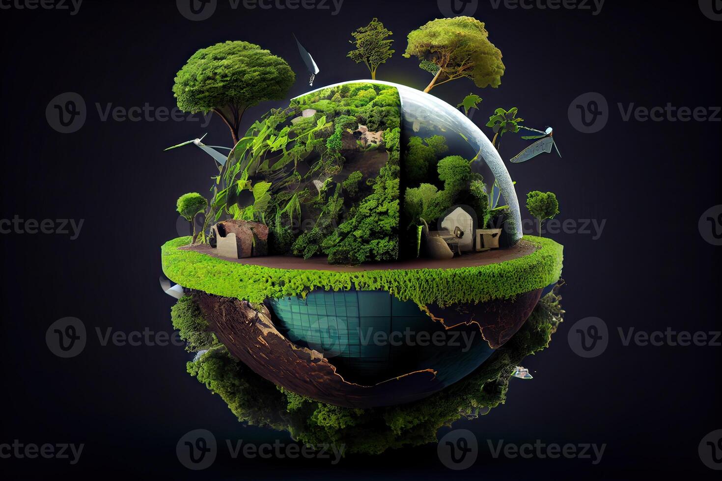 Environmental protection, renewable, sustainable energy sources. The green world map is on a light bulb that represents green energy Renewable energy that is important to the world. photo