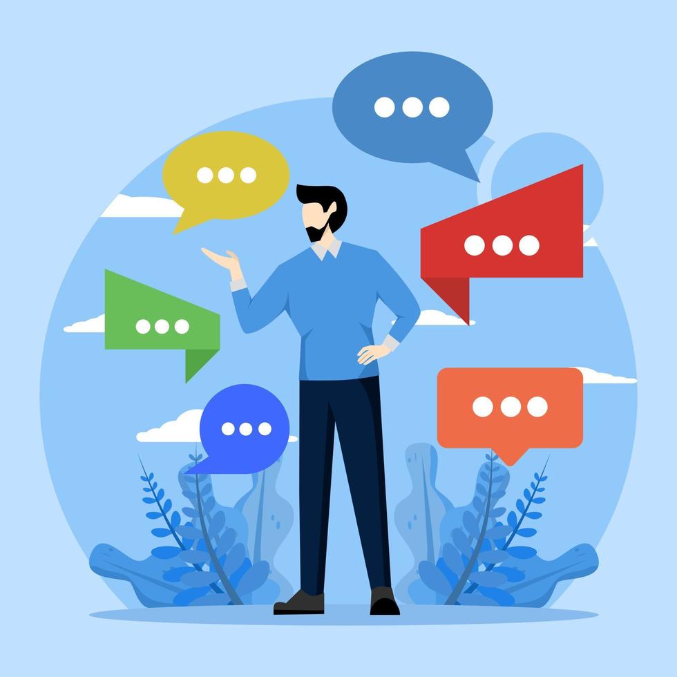 message or speech delivery concept, Verbal or spoken communication skills, storytelling or explanation, public speaking, speaking or discussing, businessman speaking with lots of speech bubbles. vector