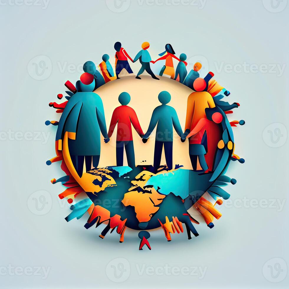 Illustration of People Holding Hands Around The World on White Background for Save Earth Concept. . photo