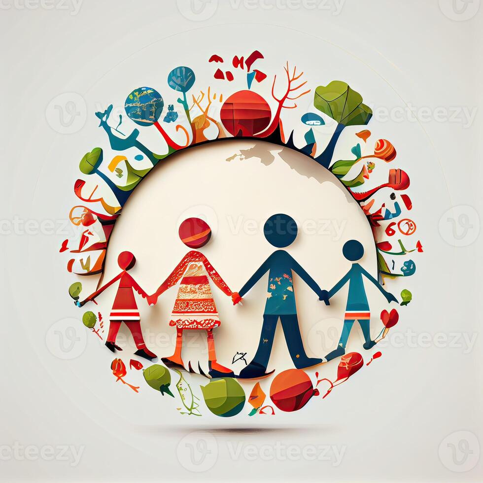 Illustration of People Holding Hands Around The World on White Background for Save Earth Concept. . photo