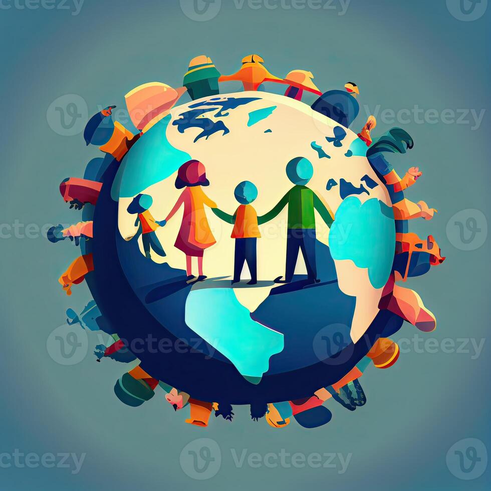 Illustration of People Holding Hands Around The World on White Background for Save Earth Concept. . photo