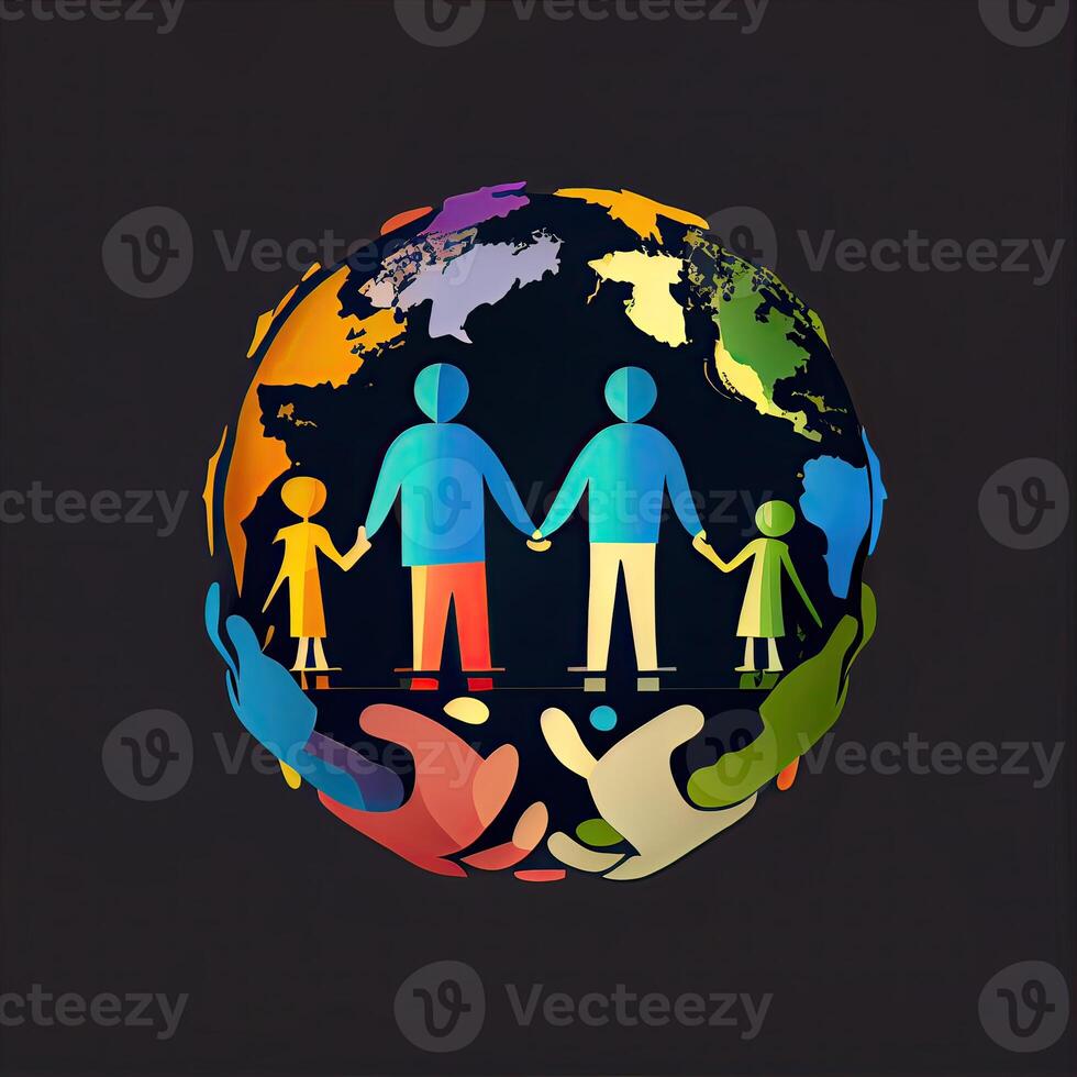 Illustration of People Holding Hands Around The World on White Background for Save Earth Concept. . photo