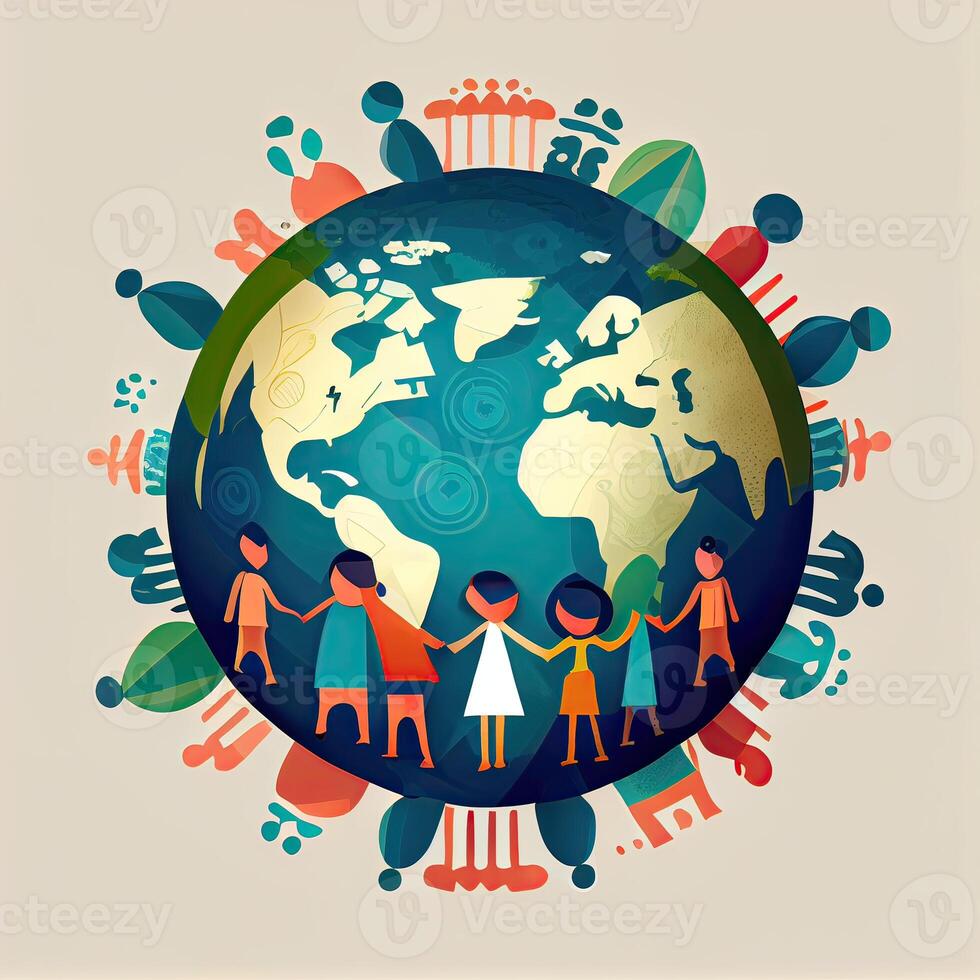 Illustration of People Holding Hands Around The World on White Background for Save Earth Concept. . photo