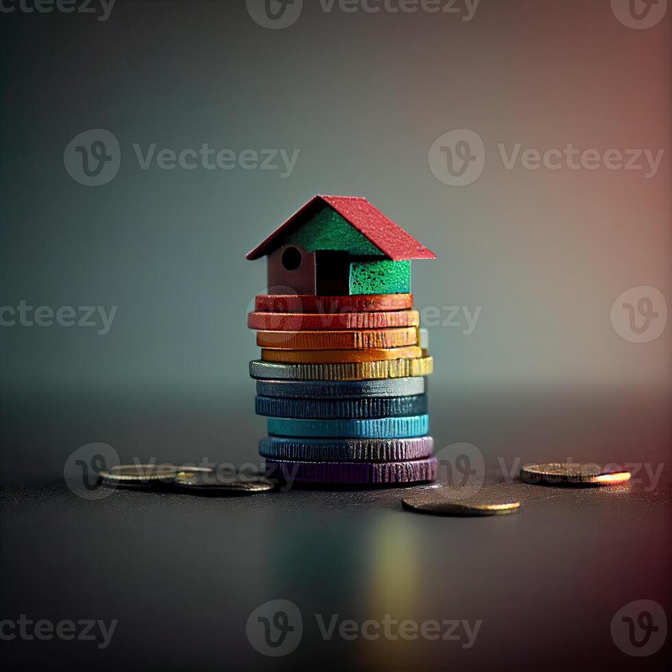 colorful Mini house on a stack of coins. Concept of Investment property. Miniature house on stack coins using as property real estate and business financial concept. photo